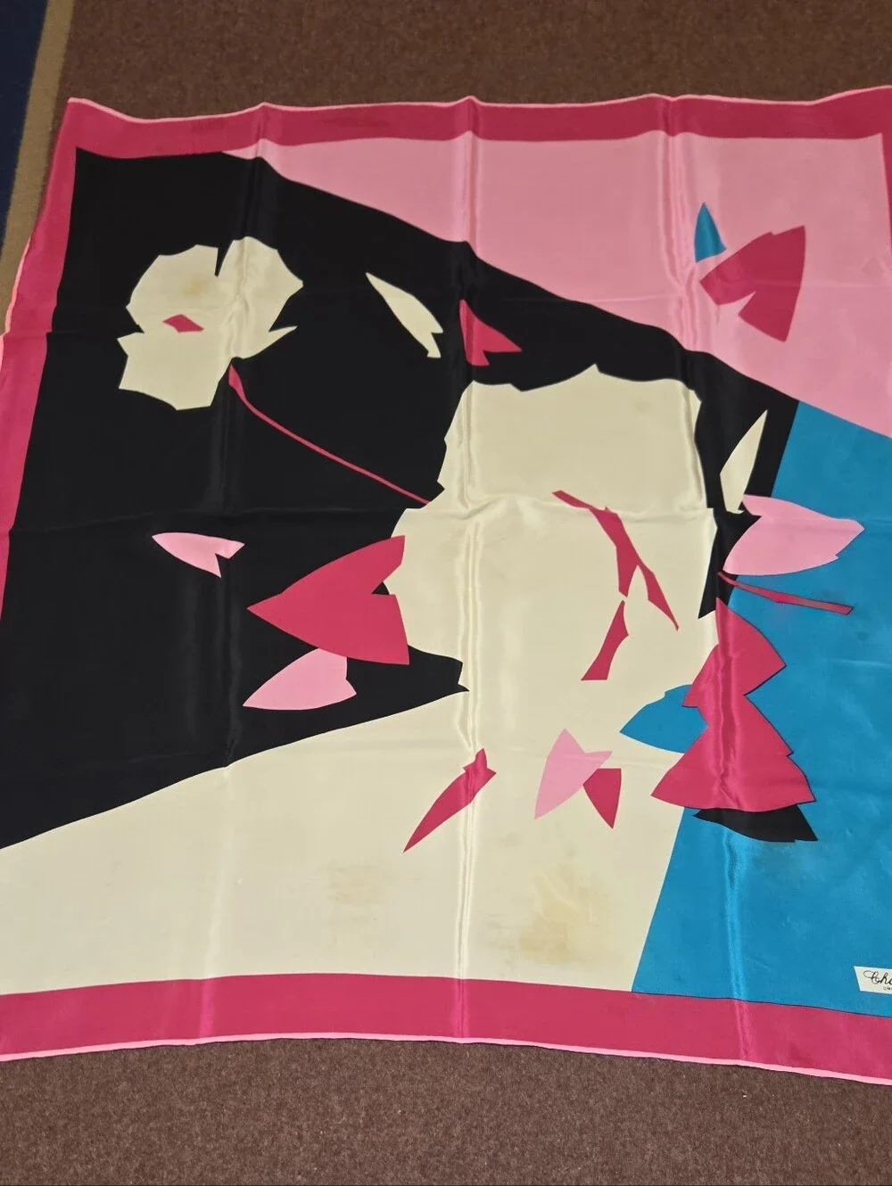 Vintage Char Lotte Designs Silk Scarf 34x33 Has Some Spots